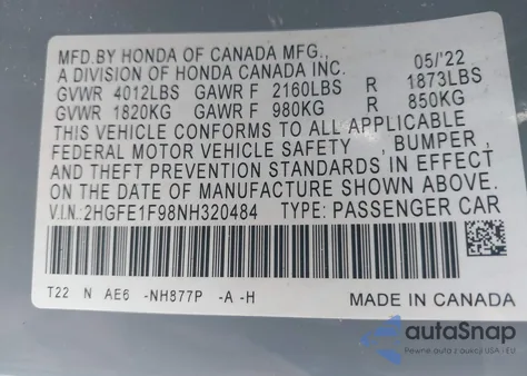 2022 Honda Civic Touring z USA, uszkodzony, nr VIN 2HGFE1F98NH320484